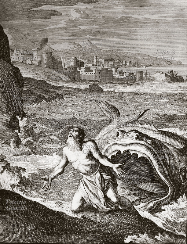 BIBBIA Il profeta Giona arriva a terra uscendo dalla balena che lo aveva inghiottito durante un naufragio. Incisione da \