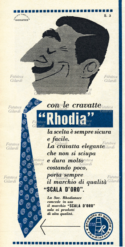 CRAVATTA Pubblicità: stilizzazione di uomo di profilo con baffi e cravatta, accessori blu, campagna stampa per le cravatte \