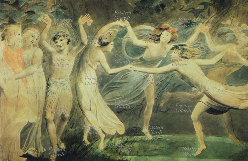 William SHAKESPEARE (1564-1616) "Sogno di una notte di mezza estate". Le fate danzano alla presenza di Oberon, Titania e Puck. Acquarello di William Blake (28 novembre 1757 – 12 agosto 1827), poeta, pittore e incisore britannico, Regno di Gran Bretagna 1786.