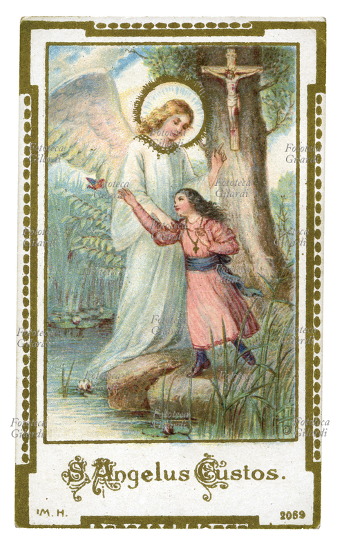 ANGELO CUSTODE veglia il cammino di una bimba; la farfalla che la distrae rischiando di farla cadere nell\