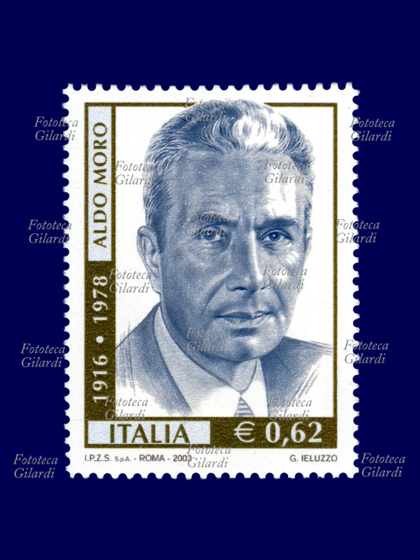 Aldo MORO (23 September 1916 - 9 May 1978) Italian politician, academic and jurist. Postage stamp issued by the Italian post office to commemorate the 25th anniversary of the death of the statesman. Drawing by Gaetano Ieluzzo, nominal value 0.62 euro, photoengraving, IPZS Rome, issued on 9 May 2003