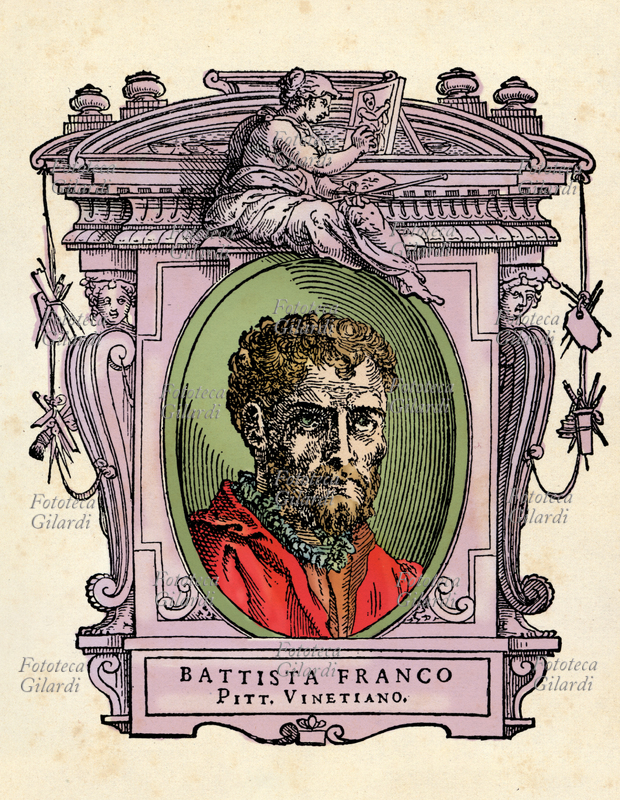 Battista FRANCO (1510 circa - 1561), detto il Samolei, pittore italiano esponente del manierismo romano. Il ritratto in ovale è racchiuso in una cornice decorata con figure allegoriche e strumenti delle arti. Illustrazione colorizzata su base xilografica del XVI secolo, dal trattato \