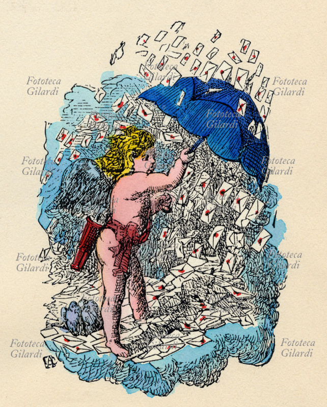 SAN VALENTINO una pioggia di letterine amorose cade su un Cupido provvisto di ombrellino. Cartoncino augurale per la festa di San Valentino ricorrente il 14 di febbraio. Stampa popolare della fine del XIX secolo