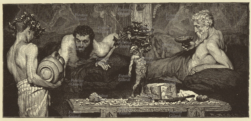 ALIMENTAZIONE Banchetto fastoso ai tempi della Roma Imperiale. Un giovanissimo valletto serve due commensali riempiendo loro le coppe di vino. Incisione della metà del XIX secolo, tratta da un dipinto di L. Alma-Tadema.