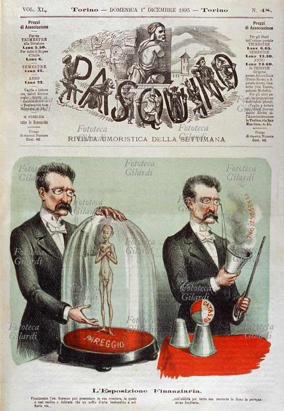 Giorgio S. SONNINO (1847-1922) Ministro del tesoro nei Governi Crispi dal 1893-94 e 1894-96, risanò il bilancio dello Stato. Satira: "L\