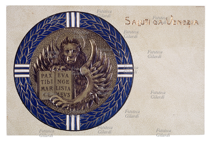VENEZIA il leone di San Marco, stemma della città. Cromolitografia, cartolia postale, Italia 1905 circa.