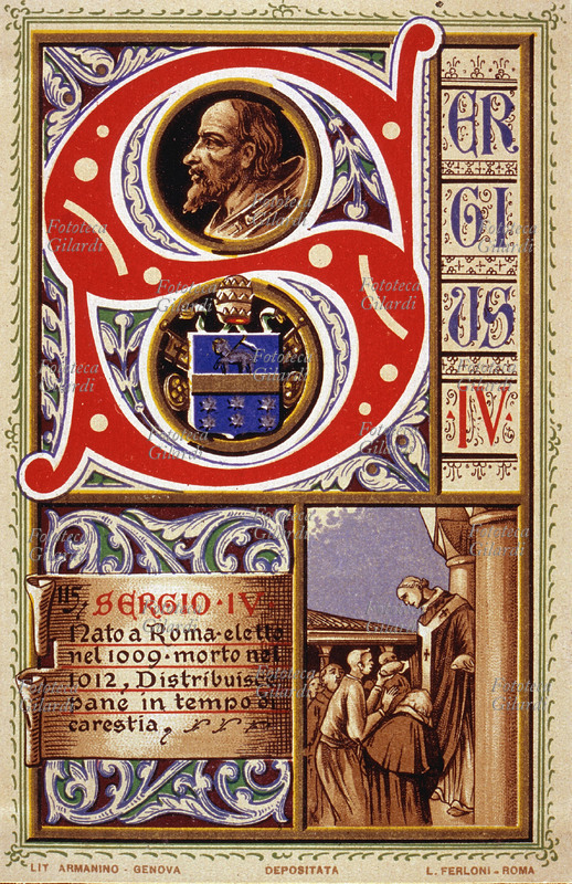 PAPA SERGIO IV nato a Roma, eletto nel 1009, morto nel 1012. Distribuisce pane in tempo di carestia. Da serie cromolitografica dedicata a Papa Pio X e da Lui benedetta. Roma, 1903.