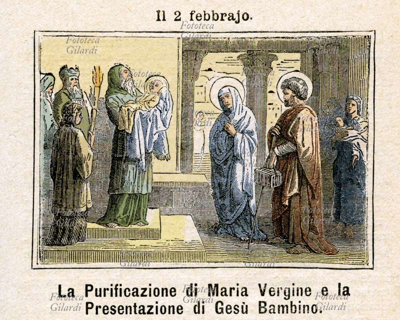 INFANZIA DI GESÙ La Purificazione di Maria Vergine e la Presentazione al Tempio del Bambino, avvenuta secondo la tradizione ebraica nel 40° giorno dalla nascita. Nel Vangelo secondo San Luca si narra che in quella occasione il Bambinello venne riconosciuto come il Messia da Simeone e dalla profetessa Anna. Commemorazione il 2 febbraio. Incisione colorata, Italia 1886
