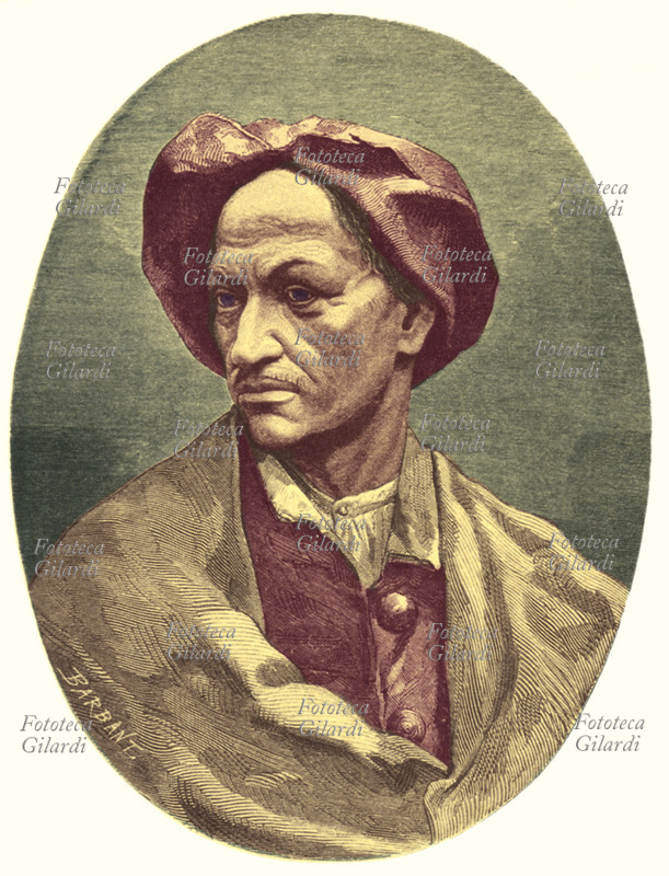 CARTOUCHE (Louis-Dominique Bourguignon, 1693 – 1721) ladro, brigante e assassino francese, giustiziato a Parigi nel 1721. Ritratto in una incisione colorata di Nicolas Barbant (1806 - 11 ottobre 1879), Francia XIX secolo.