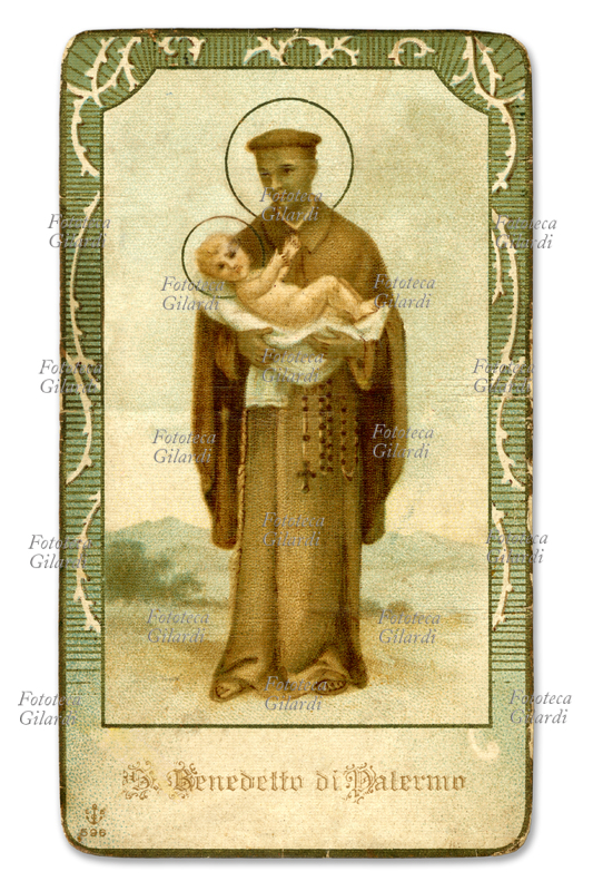 SAN BENEDETTO DI PALERMO il Moro (1527-1589). Discendente da schiavi africani in Sicilia, entrò negli eremiti di S. Gerolamo Lanza e poi tra i Frati Minori. Ebbe dono dei Miracoli. Patrono di Palermo, festa 4 aprile. Cromolitografia, 1900 circa