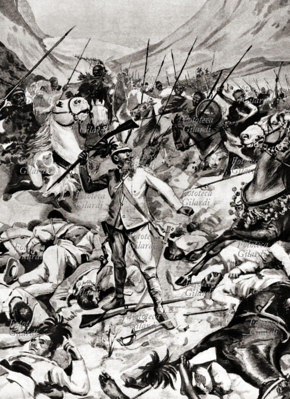 Italian WAR Of Military ETHIOPIA in the middle of the fallen companions waves the gun for the cane; extreme how much useless defense against orda of armed knights of sun nozzles, but in crushing numerical superiority. Emblematic Rappresentazione of the battle of Adwa of 1° March 1896.