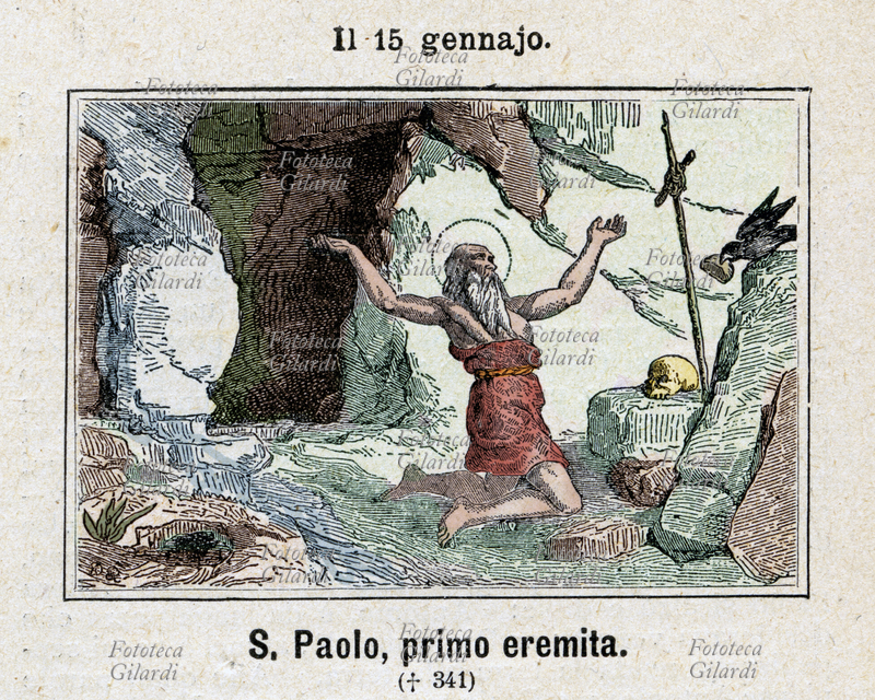 San PAOLO di Tebe, Primo Eremita (228 circa -341 circa), venerato dalla Chiesa cattolica, dalla Chiesa Ortodossa e da quella copta. A causa della persecuzione degli imperatori romani Decio e Valeriano, il giovane egiziano, denunciato come cristiano da familiari che volevano il suo patrimonio, fu costretto a lasciare la città per il deserto. Qui visse fino ai 43 anni cibandosi di soli datteri e vestendo foglie di palma intrecciate, dopodiché iniziò a ricevere visite quotidiane da un corvo che gli portava un mezzo pane. Commemorazione il 15 gennaio. Incisione colorata, Italia 1886