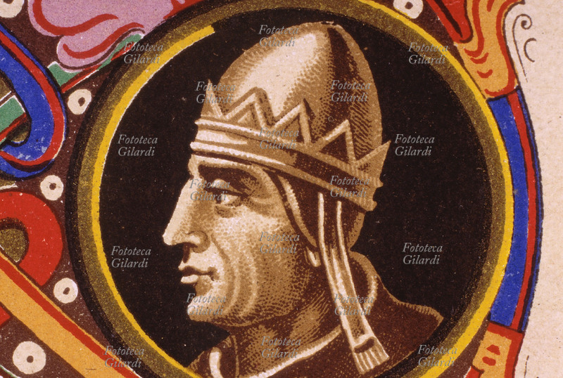 PAPA GREGORIO XI (1330 circa - 1378), al secolo Pietro Rogerio, nato a Montmort (Francia), eletto nel 1370 ultimo Papa di Avignone, riportò a Roma la Sede del Pontificato. Ritratto, dettaglio da una cartolina cromolitografica della \