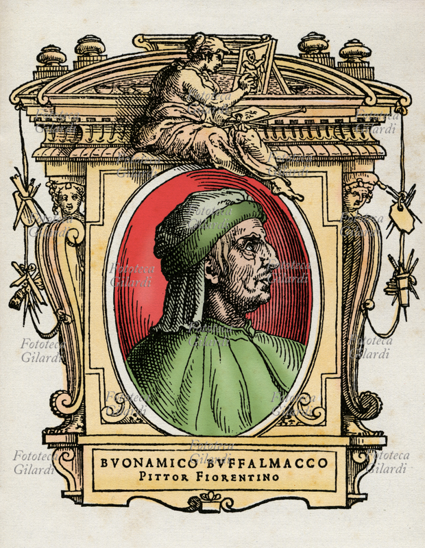 BUONAMICO DI MARTINO (1290 circa - 1340) detto Buffalmacco, pittore italiano indipendente dalla scuola di Giotto, rappresentante di primo piano della pittura gotica in Toscana. La sua indole sagace e burlesca ne hanno fatto il protagonista di alcune opere letterarie, fra le quali il Decamerone di Boccaccio. Il ritratto è racchiuso in una cornice decorata con cariatidi che reggono gli strumenti dell\