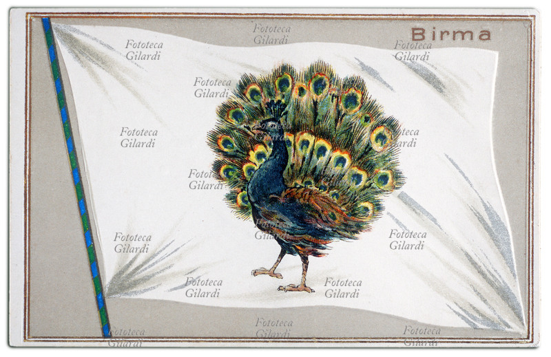 BIRMANIA Stato dellAsia sudorientale, bandiera spiegata e sventolante. Litografia a colori, Francia 1910 circa.
