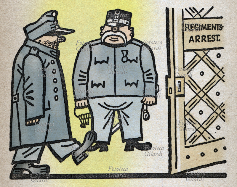 Jaroslav HASEK (1883-1923) «Svejk fu condotto attraverso il cortile e con malcelata gioia il tenente poté veder chiudere alle sue spalle la porta con il cartello giallo-nero: Regimentsarrest. » Illustrazione da: \