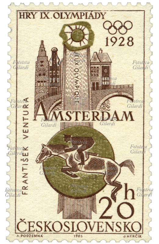 HORSE RIDING Postage stamp from the "Czechoslovakian Olympic Victories" series issued by the Czechoslovakian post office. In the cartoon, against the background of the Amsterdam bridges, the gold medal rosette for František Ventura (1894 - 1969) on Eliot in the individual equestrian jump at the IX Amsterdam Olympics held from 28 July to 12 August 1928. Drawing by Anna Podzemná and Josef Herčík, face value 20 halier, photoengraving and chalcography. Czechoslovakia, issued on April 16, 1965