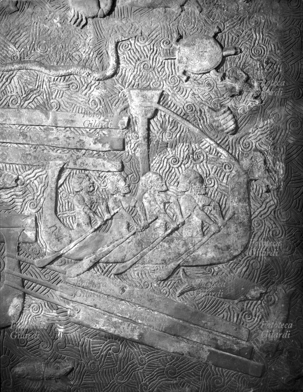 SHIP Assyrian in navigation for the transport of cedar wood imported from Lebanon. Detail from the frieze in low relief from the palace of Sargon II at Khorsabad. Iraq, VIII century BC