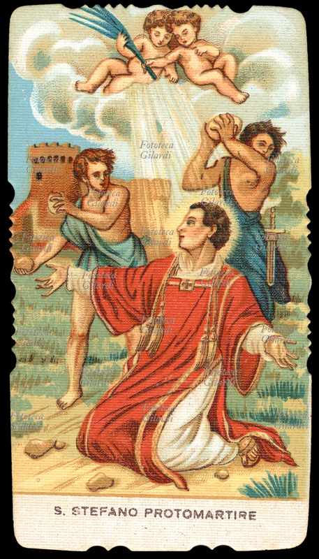 SANTO STEFANO PROTOMARTIRE immaginetta popolare raffigurante il momento del martirio. Fu il primo dei 7 diaconi era probabilmente un Giudeo ellenista. Festa 26 dicembre. Cromolitografia, 1904