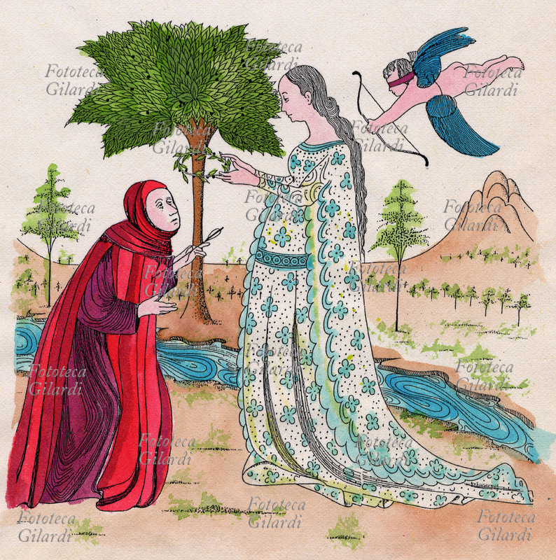 Francesco PETRARCA (1304-1374), Laura incorona il suo poeta, Petrarca. Illustrazione tratta da una miniatura conservata alla Biblioteca Laurenziana di Firenze.