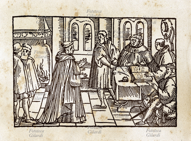 Martin LUTERO (1483-1546) davanti al cardinale Caetano nella casa di Fugger, banchiere schierato con la politica di Carlo V, ad Augusta. Incisione xilografica del XVI secolo