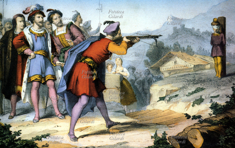 Guglielmo TELL Il personaggio leggendario mentre esegue la prova della mela, secondo la tradizione il 18 novembre 1307. Un momento dell\