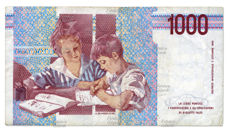 ITALIA Retro della banconota da L. 1000 con bambini a scuola (fronte con ritratto di Maria Montessori, pedagogista italiana) in vigore nel 1990