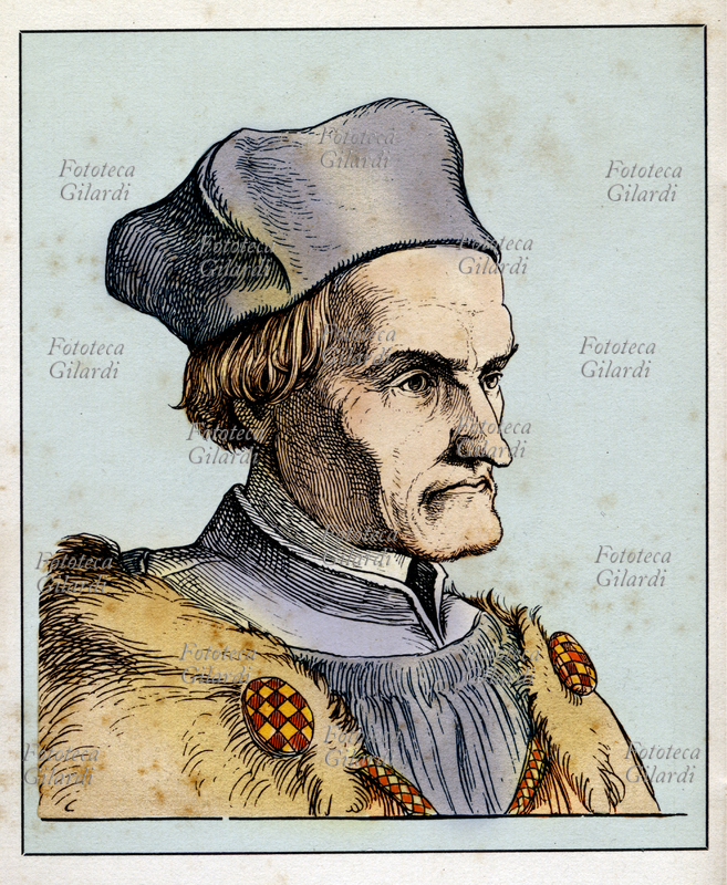 Johann Geiler VON KAYSERSBERG (1445 - 1510), sacerdote tedesco di origine svizzera, considerato uno dei più grandi predicatori popolari del XV secolo. Ritratto, versione colorata di una incisione di Hugo Bürkner (1818-1897), Germania 1854