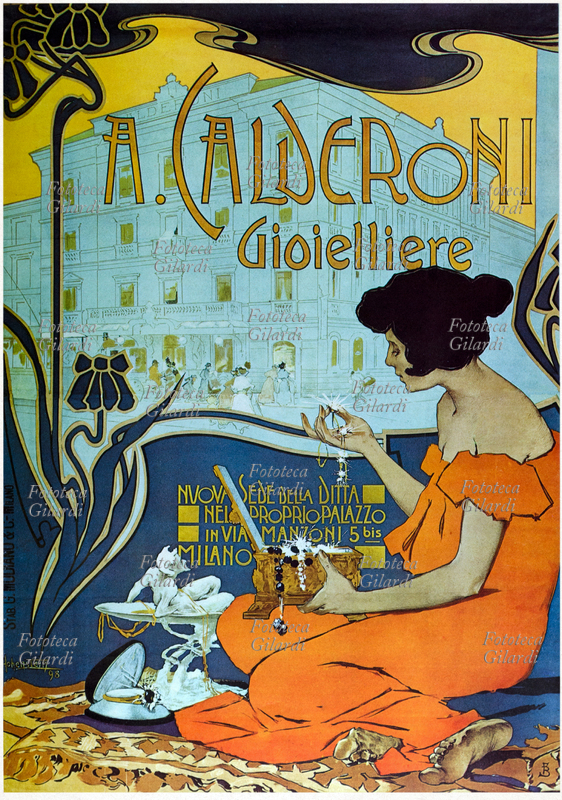 PUBBLICITÀ Manifesto pubblicitario di Adolf Hohenstein (18541928), pittore, pubblicitario, illustratore, scenografo e figurinista tedesco. Una giovane graziosa, pigramente adagiata su un ricco tappeto, scorre fra le mani le gemme del suo cofanetto. A. Calderoni gioiellere, Nuova Sede della Ditta nel proprio palazzo in via Manzoni 5bis, Milano, 1898