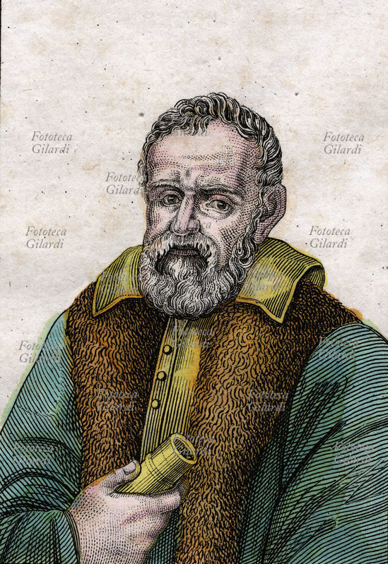Galileo GALILEI (15 febbraio 1564 – 8 gennaio 1642), fisico, astronomo, filosofo, matematico e scrittore italiano, considerato il padre della scienza moderna, ritratto in una incisione acquarellata italiana del XIX secolo.