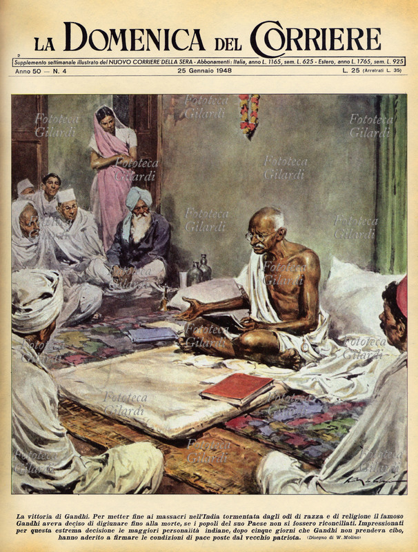 Mohandas Karamchand GANDHI (2 ottobre 1869 – 30 gennaio 1948). "La vittoria di Gandhi. Per metter fine ai massacri nell\