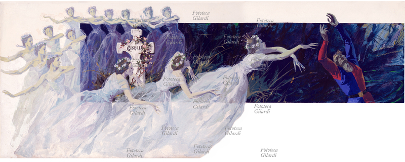 GISELLE Myrtha Queen of the Wilis and her disciples forced the gamekeeper Hilarion to dance until the morte.Balletto born from a libretto by Théophile Gautier, music by Adolphe-Charles Adam, and choreography by Jean Coralli, first exhibition in 1841. Illustration of Libyan Maraja ( 1912-1983) painter, draftsman, and illustrator, for the series musical fairy tales, reduction for children by Shirley Goulde. Fratelli Fabbri, Milan 1963