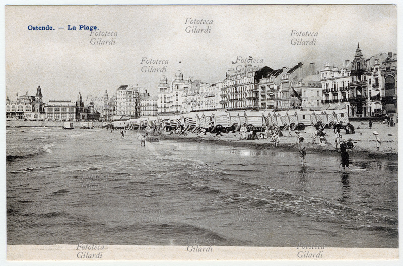 OSTENDA veduta della spiaggia di Ostenda con gli stabilimenti balneari (comune delle Fiandre occidentali, Belgio) Cartolina postale fotocollografica, 1890 circa