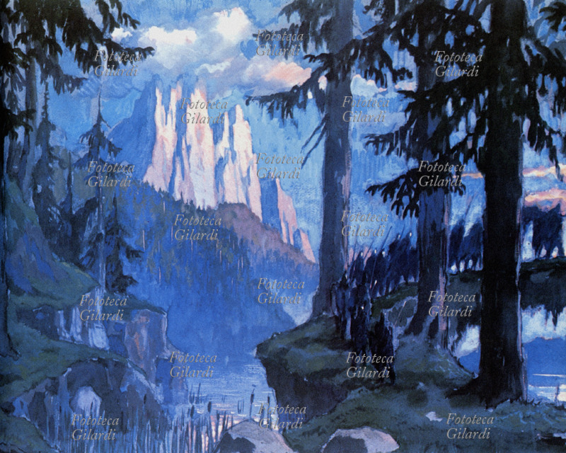 Richard WAGNER (22 maggio 1813 – 13 febbraio 1883) La vallata del Reno ed il corteo funebre di Sigfrido. Bozzetto scenografico di Nicola Benois (2 maggio 1901 – 30 marzo 1988) per il terzo atto dell\