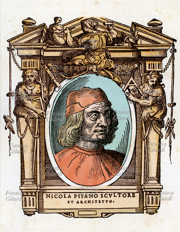 NICOLA PISANO (1215/1220 - 1278/1284), scultore e architetto italiano, uno dei maggiori rappresentantiodella scultura gotica europa. Il ritratto è racchiuso in una cornice decorata con cariatidi che reggono gli strumenti dell\