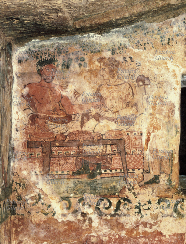 ETRUSCHI Larth Velcha e la consorte Velia Seithiti a banchetto. Le iscrizioni in alto riportano dati dei personaggi raffigurati. Parete affrescata nella Tomba degli Scudi a Tarquinia, IV - III secolo a.C.