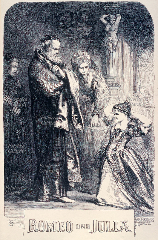 William SHAKESPEARE (1564-1616) Romeo and Juliet (1594-1596). Illustration of the first page of the work. Edition printed in Stuttgart, around 1860.