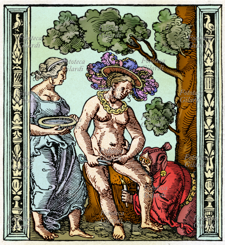 BELLEZZA La prostituta e il buffone o allegoria della Verità. Depilazione della zona pubica, incisione allegorica di Peter Flotner (1490 circa - 1546), inizio del XVI secolo