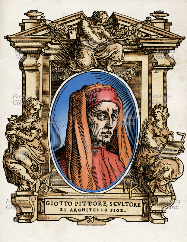 GIOTTO da BONDONE (1267 circa - 8 gennaio 1337), pittore e architetto italiano. Continuò e approfondì la linea innovativa del suo maestro Cimabue, allontanandosi dalla staticità emblematica delle figure bizantine per elaborare la dimensione umana e la tridimensionalità dello spazio della pittura latina, portandola ad inediti livelli di verosimiglianza. Il ritratto è racchiuso in una cornice decorata con muse che reggono gli strumenti dell\