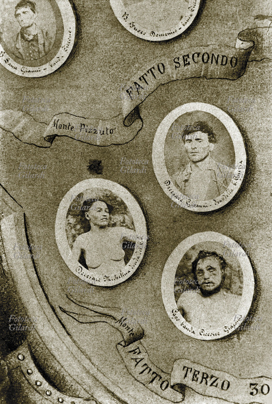 BRIGANTI Ritratti dei briganti: Capobanda Ciccone Giacomo (morto), Decesare Michelina (morta), Decesare Gioanni (vivo). Dettaglio da Fotomontaggio per un \