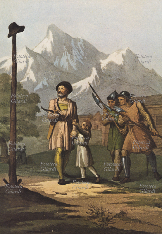 Guglielmo TELL e suo figlio Walter davanti al cappello fatto issare dal balivo Gessler. Illustrazione tratta da \