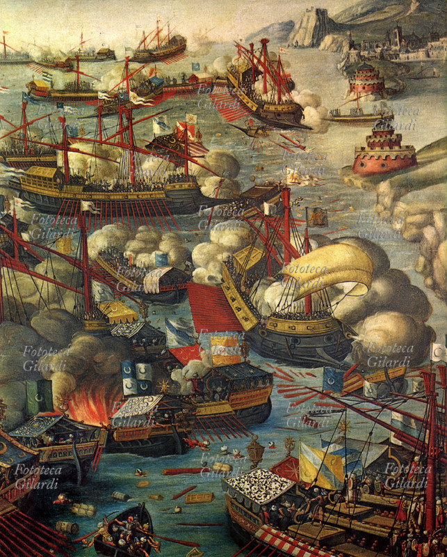 BATTAGLIA navale di Lepanto, 1571. Scontro navale tra la flotta di Mehmet Alì Pascià e quella della lega santa, composta di spagnoli, veneziani e pontifici al comando di don Giovanni d\