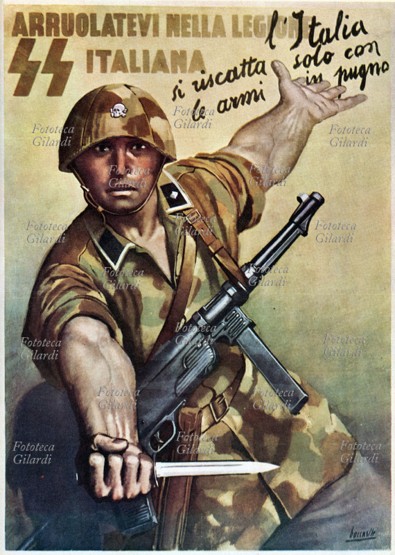 WORLD WAR II: "Italy can only redeem itself with arms in hand." RSI poster for recruitment into the ranks of the Republican collaborators: "Enlist in the Italian SS Legion." Poster by Gino Boccasile (July 14, 1901 – May 10, 1952). Italy, 1944.