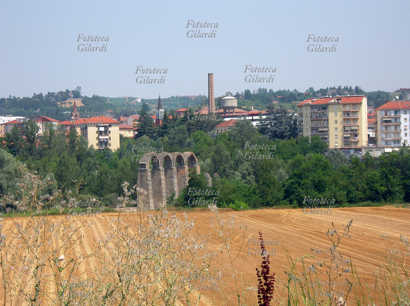 ACQUI TERME panorama della città sullo sfondo di un campo di foraggio. In primo piano i resti degli archi romani. Fotografia di Patrizia Piccini, 2006