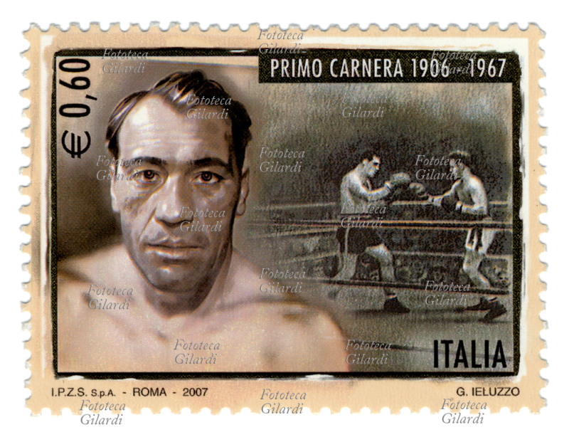 Primo CARNERA (25 ottobre 1906 – 29 giugno 1967) pugile, lottatore e attore italiano naturalizzato statunitense nel 1953. Francobollo della serie "Lo sport italiano" emesso dalle Poste Italiane per commemorare il 40° anniversario della morte. In secondo piano, il match Primo Carnera - Max Baer del 9 agosto 1933. Disegno di Gaetano Ieluzzo, valore nominale 0,60 euro. Istituto Poligrafico Zecca dello Stato, Roma, emissione 13 luglio 2007
