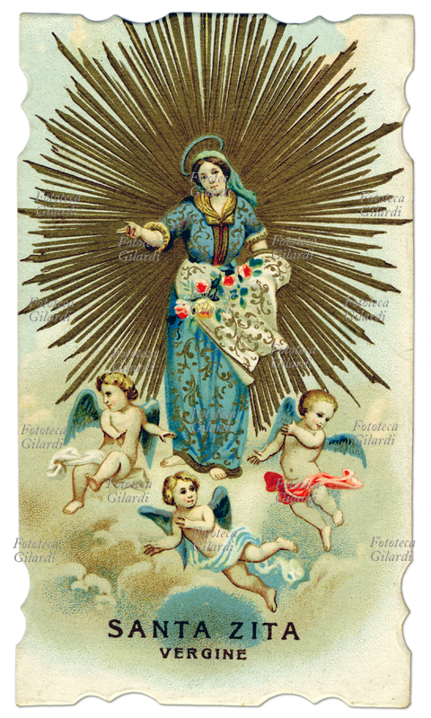SANTA ZITA Vergine lucchese, protettrice delle persone di servizio (1218-1278). La Santa è raffigurata in una cornice di raggi dorati, in atteggiamento benedicente, nel grembiule tiene delle rose. Festa, 27 aprile. Immaginetta cromolitografica, 1900 circa.
