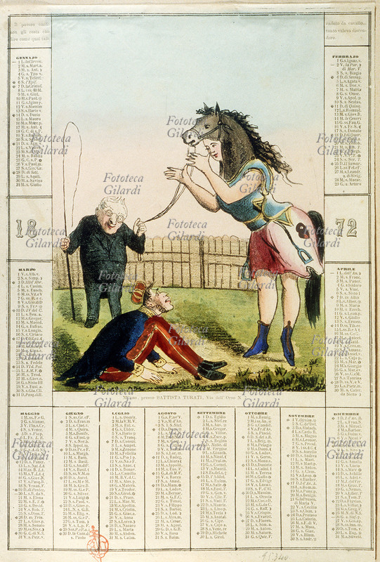 CALENDARIO murale dove è rappresentata una donna con testa di cavallo che disarciona l\