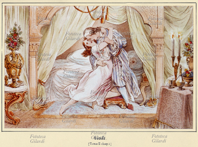 Giacomo CASANOVA (2 aprile 1725 – 4 giugno 1798), avventuriero, scrittore, poeta, alchimista, esoterista, massone, diplomatico, scienziato, filosofo e agente segreto italiano, cittadino della Repubblica di Venezia, seduttore per antonomasia, con la sua amante Cécile. Incisione a colori di Adolf Gnauth Sr. (18 novembre 1812 - 1876) da disegno di Julius Nisle (8 aprile 1812 - 1850) per la \