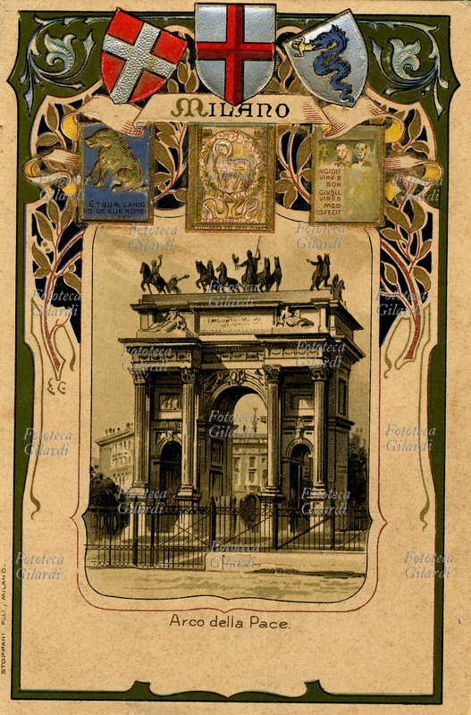 MILANO Arco della Pace (1807/1859). Composizione in stile liberty che comprende oltre ai motivi decorativi anche gli stemmi della città e delle famiglie Sforza e Visconti. Cromolitografia, Edizione Fratelli Stoppani, Milano 1900 circa.