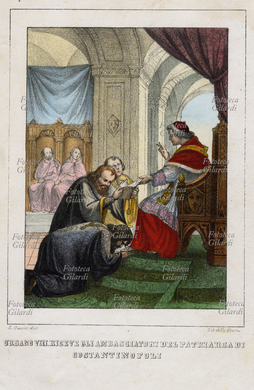 PAPA URBANO VIII Matteo Barberini, nato a Firenze, eletto nel 1623, morto nel 1644. Litografia acquarellata della prima metà del XIX secolo raffigurante un episodio della vita del Papa: \